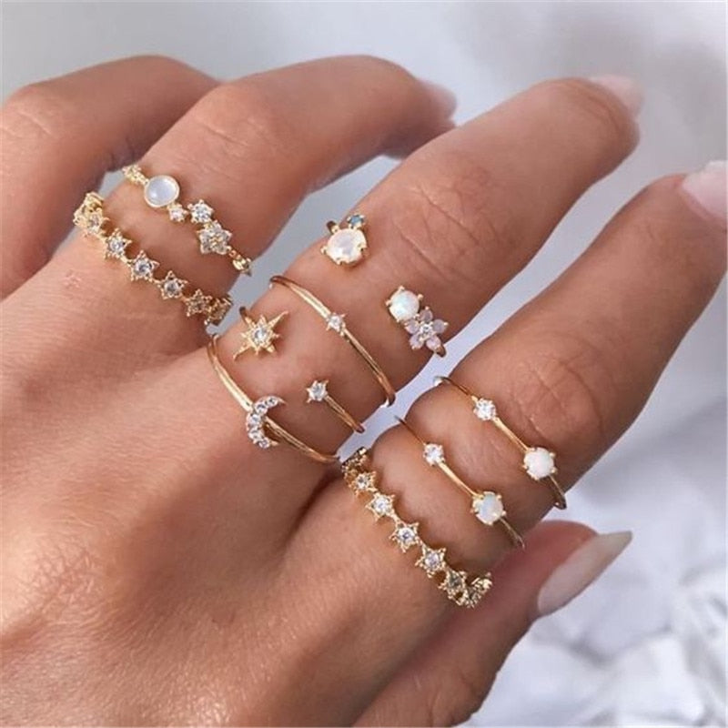 KOTiK Trendy Bohemian Midi Knuckle Ring Set For Women Gold Color Crystal Heart Flower Moon Geometric Finger Rings Jewelry Gifts