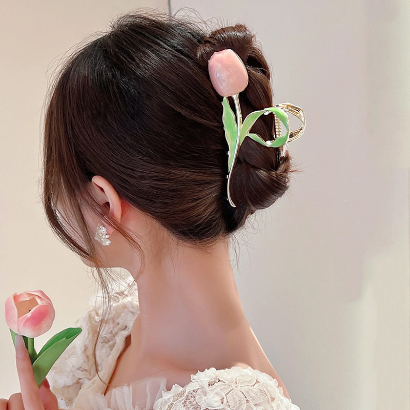 2022 Korean Fashion Pink 3D Tulip Hair Claws Women Girls Summer Shark Clip Hair Accessories Leaves Flowers Ponytail Gradient