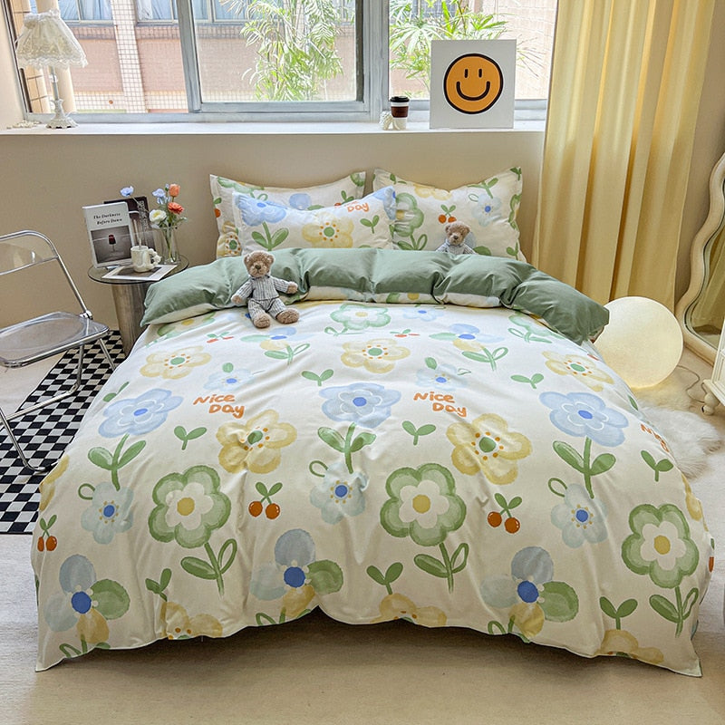 Floral Printed Duvet Cover Set with Sheet Pillowcases Warm Cute Cartoon Bed Linen Full Queen Size Home Gift Bedding Set