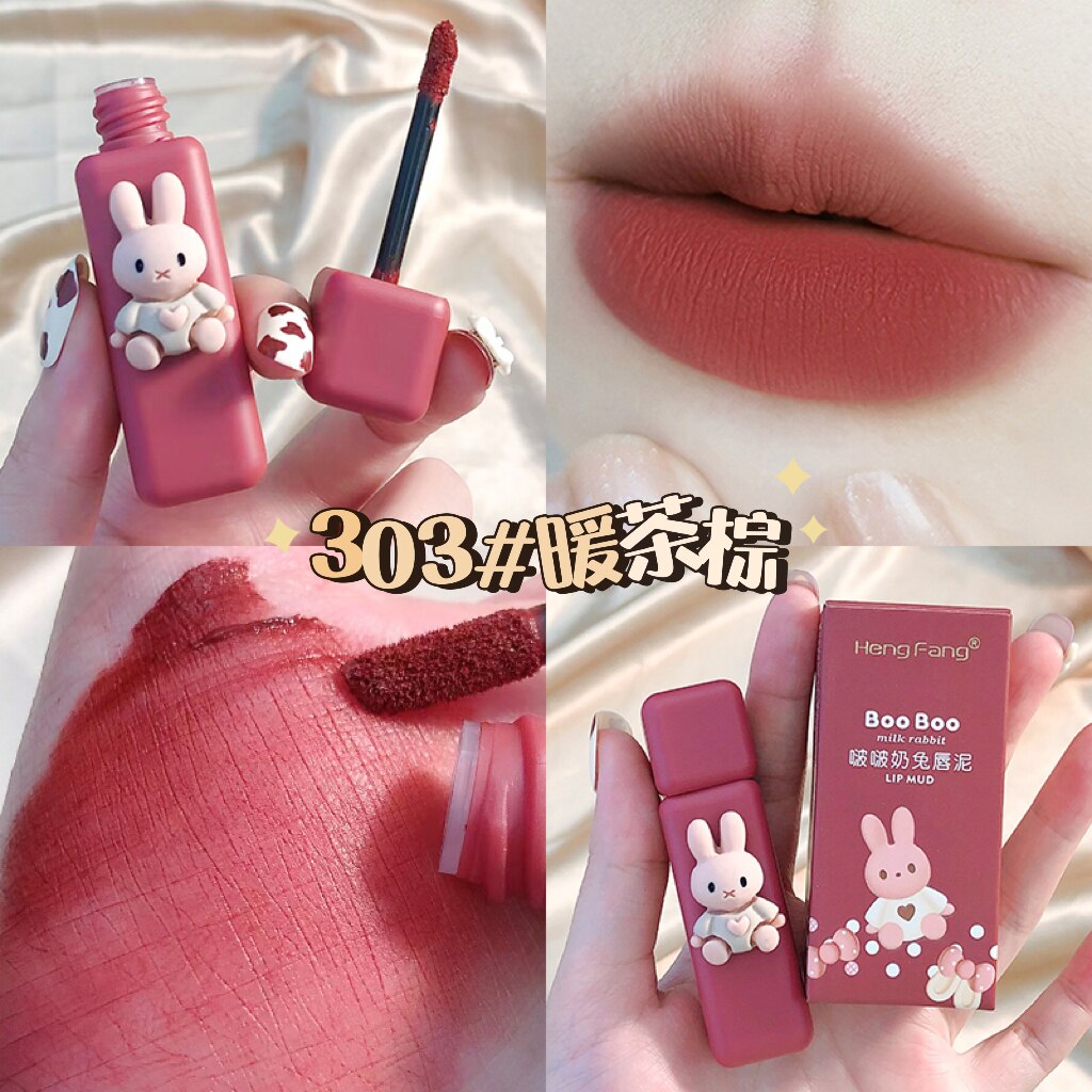 Cartoon Cute Sexy Red Matte Lip Gloss Velvet Liquid Lipstick Lasting Chestnut Mud Lip Mousse Non-stick Cup Lip Tint Clay Makeup