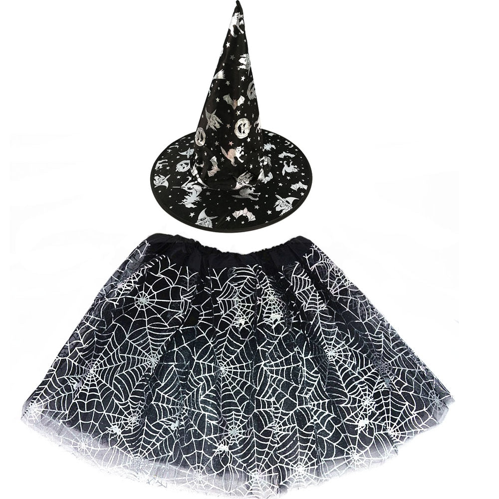 Halloween Costume for Kids Girls Spider Web Tutu Cobweb Skirt Witch Wizard Hat Tulle Carnival Birthday Party Outfits Festival