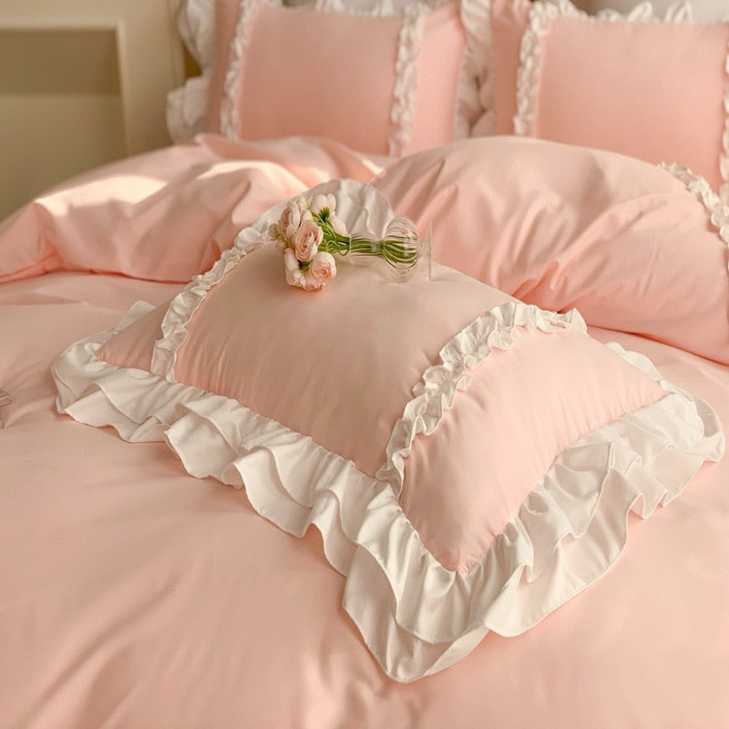 Pink Lace Bedspread Bedding Set King Size Luxury Princess Duvet Cover Bed Sheet Girls Gift Bedclothes Cotton Home Textile