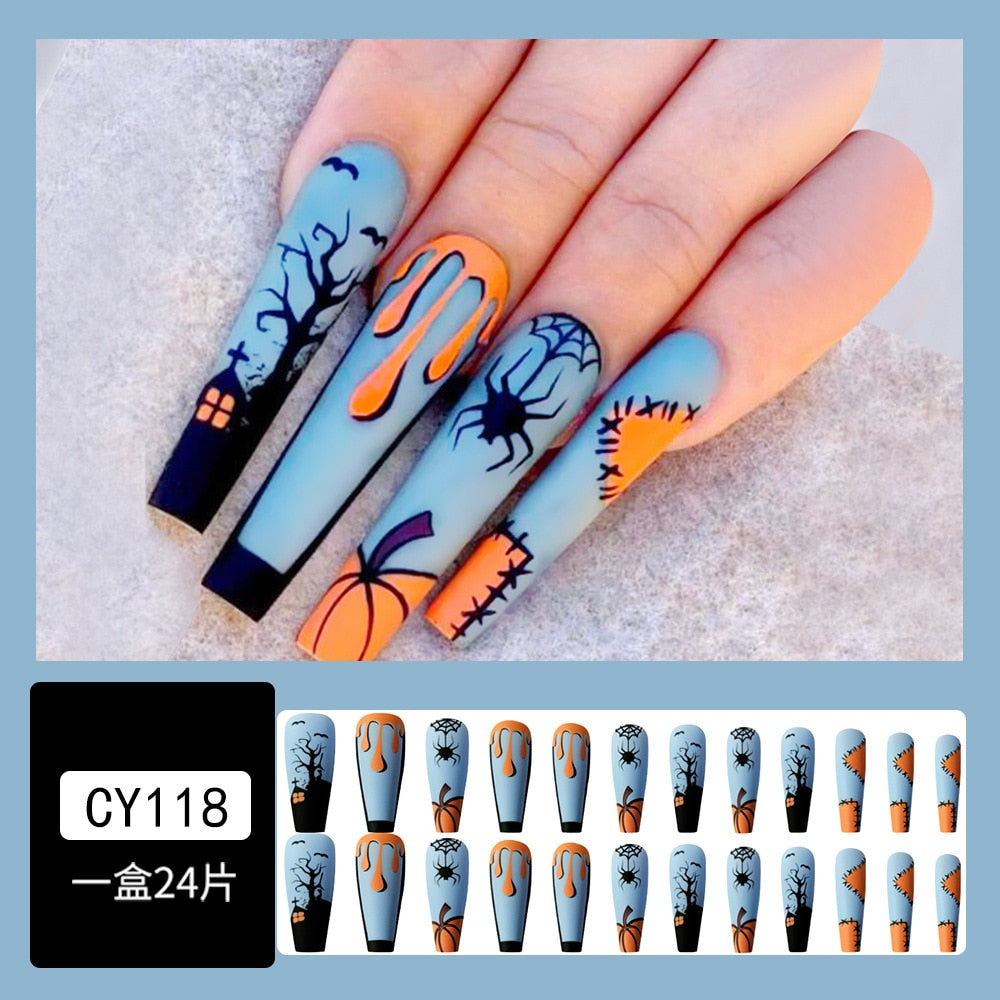 24Pcs Long Coffin False Nails Grimace Designs Wearable French Ballerina Fake Nails Press on Full Cover Manicure Nail Tips