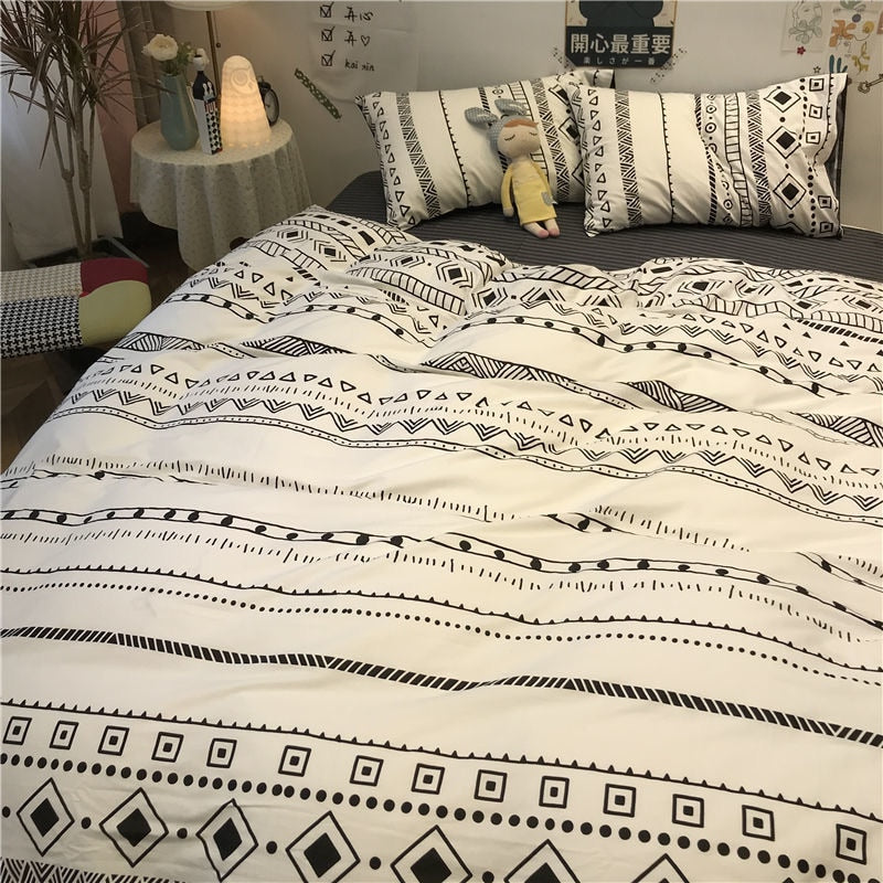 NEW 100% Cotton Geometric Fringe Pattern Abstract Four-Piece Set Morden Bed Duvet Cover Bedsheet Pillow Cases Bedding Sets