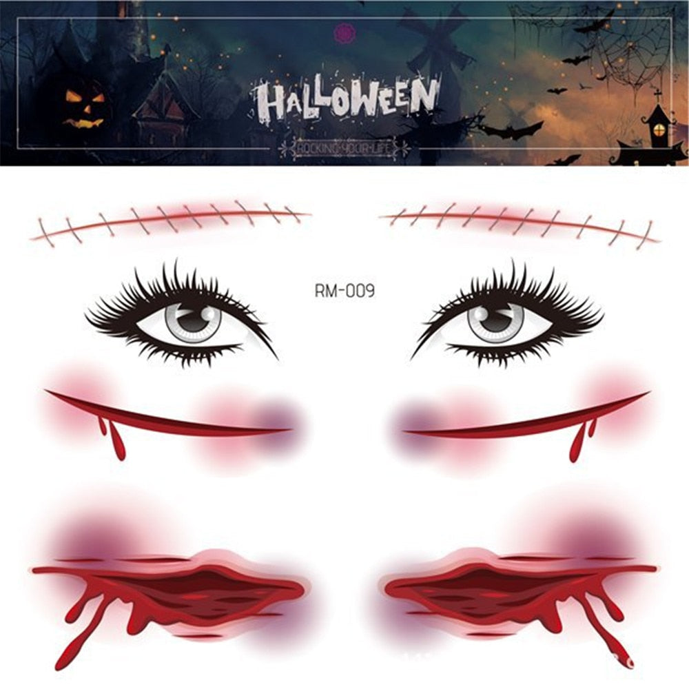 1set Halloween Tattoo Sticker for Face Fake Eyes Mouth Blood Scar 3D Spider Web Pattern Halloween Scary face sticker