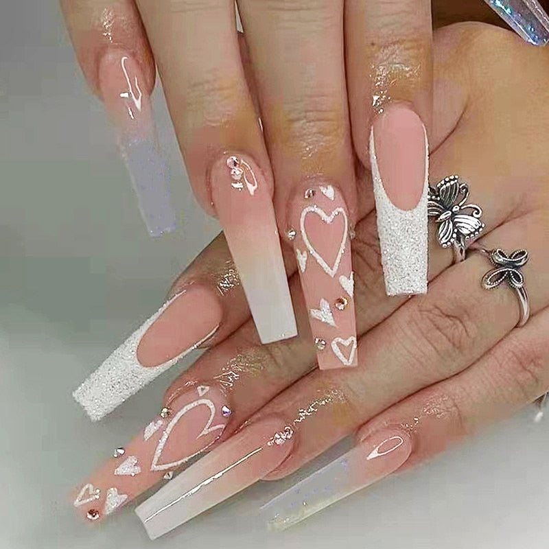 Pink Halo Tower Drill European And American Long T Fake Nails Set Press On Nails With Press Glue Full Cover Acrylic Nail Tips