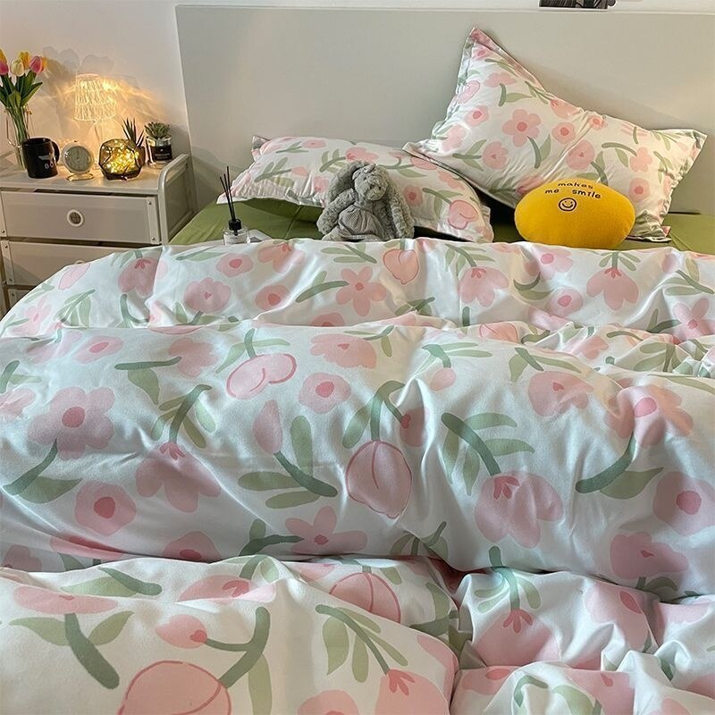 Ins Pink Tulip Bedding Set Luxury Floral Duvet Cover Flat Sheet And Pillowcase For Girl Woman Bedding Single Double Decor Home