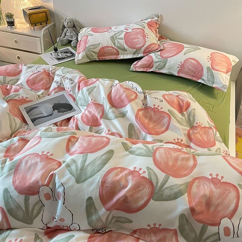 Ins Korean Rainbow Stripe Bedding Set Colorful Quilt Set 4Piece For Pink Girl Heart Simple Bed Sheet Duvet Cover Decor Home