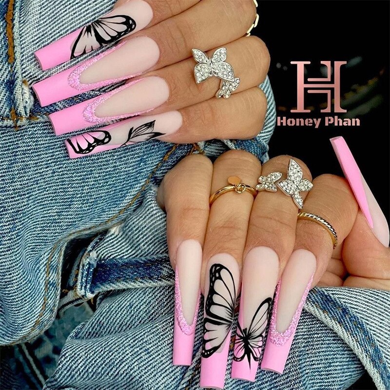 1Box-24PC Square Long Coffin Wearable Nail Tip Butterfly,Graffiti,French Lines,Grimace Press On Nail DIY Art Tips With Glue Part