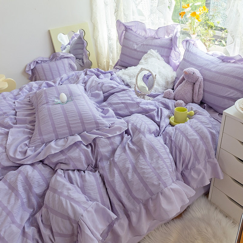 Korean Lovely Princess Queen Bedding Set Kawaii Ruffles Comforter Bedding Sets Cute Girl Duvet Cover Set with Sheet Quilt Covers