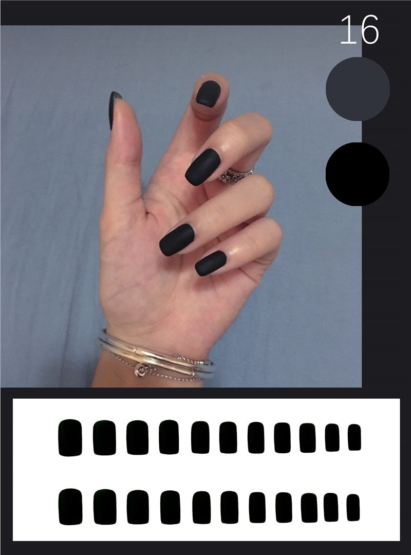 24pcs/set Matte Black Fake Nails Press on with Glue Long Detachable French Tips Stick on Nail Packaging Coffin False Nails Art