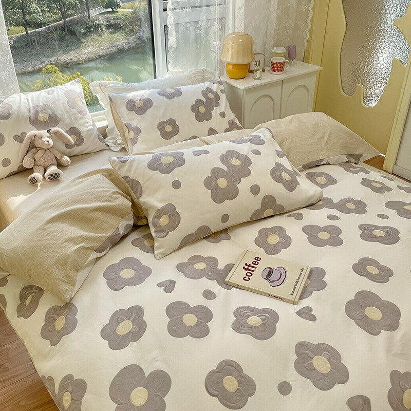 Flowering Plant Print Queen Bedding Set Cotton Soft Comfortable Duvet Cover Set with Sheets Skin Friendly Comforter Bedding Sets