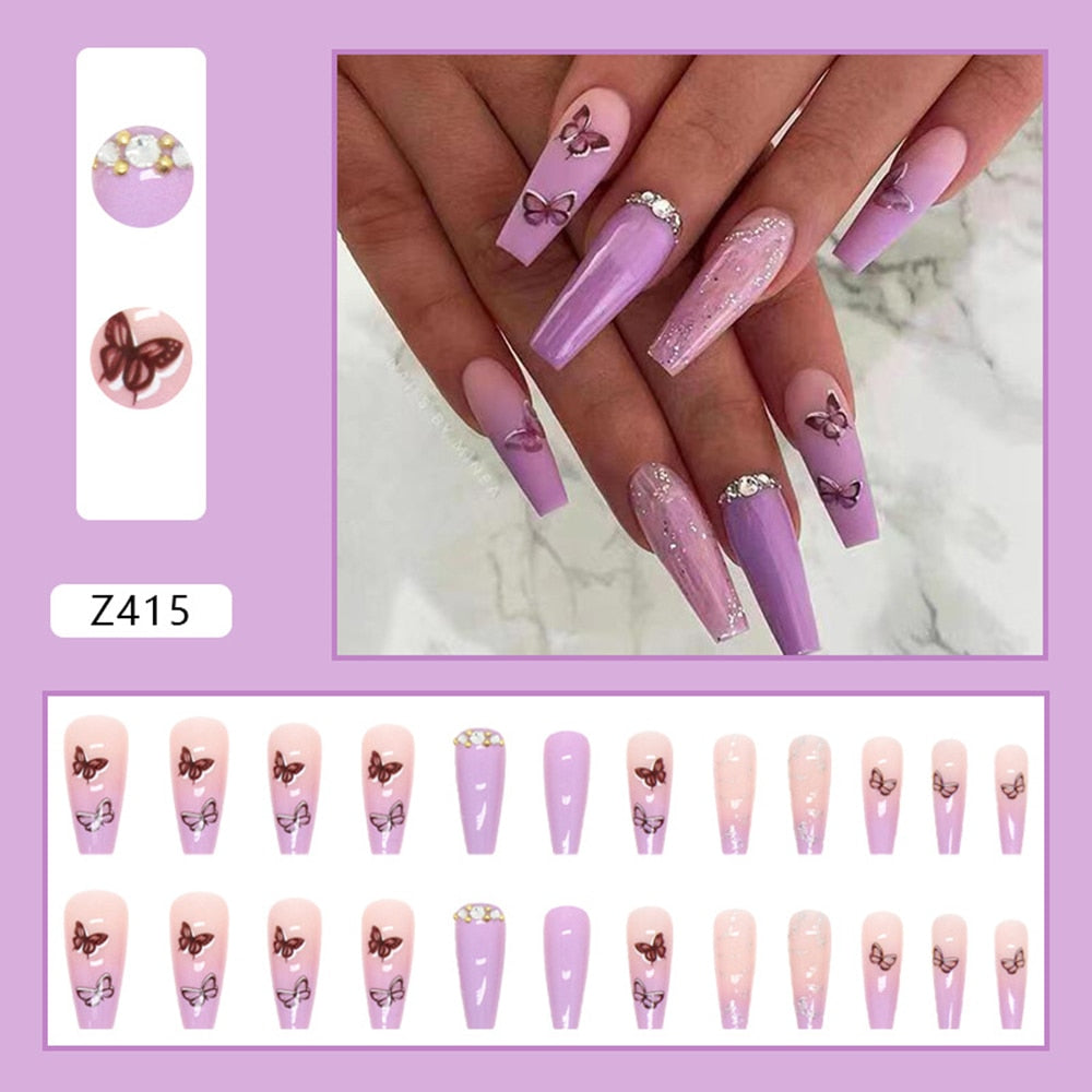 24Pcs Long Coffin False Nails Gold Glitter Sequins Designs Press On Full Cover Fake Nails Tips Wearable Manicure Art Accessories