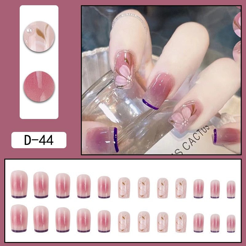 24pcs French Point Diamond Fake Nails Wearing Artificial Square Head Press On Acrylic Nail Art Pearl Patch Almond False Nails