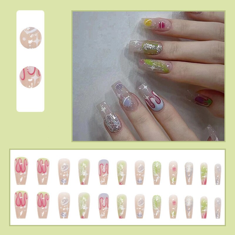 24Pcs Mid-length Fake Nails with Butterfly Design Almond Wavy Lines False Nails Wearable Press on Nails Full Cover Nail Tips