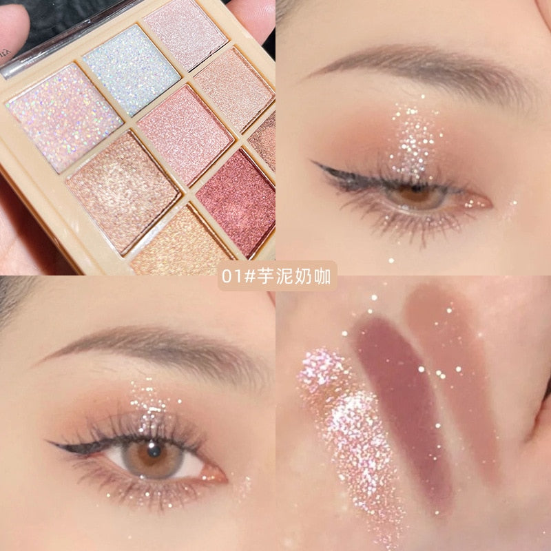 New Glitter Nine-color Eyeshadow Palette Pearly Matte Milk Tea Eye Shadow Broken Gold Plate Waterproof Powder Matte Cosmetic