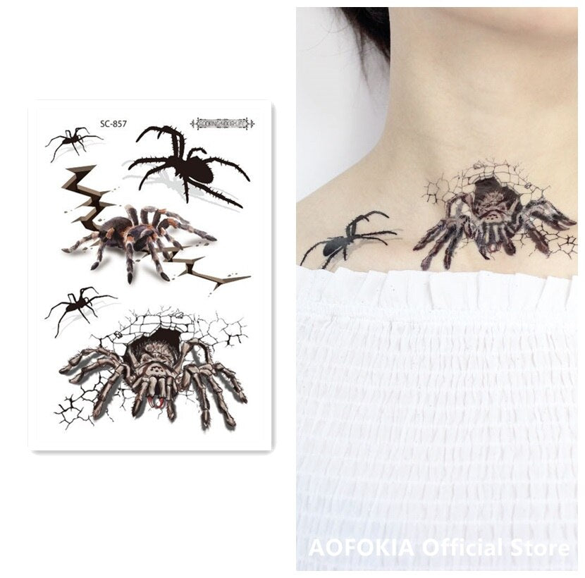 12 Kinds Big 3D Spider Tattoo Waterproof Halloween Temporary Body Art Sticker Disposable Make Up Scary tatouage temporaire