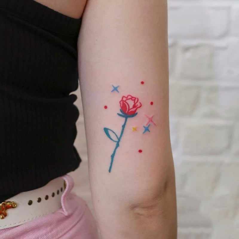 Waterproof Temporary Tattoo Sticker Red Line Rose English Alphabet Design Body Art Fake Tattoo Flash Tattoo Back of Hand Female