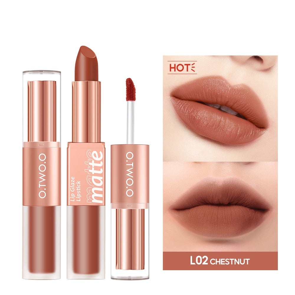 Lipstick 12 Colors Lip Gloss 2 in 1 Lip Tint Waterproof Long -lasting Moisture Red Lip Matte Lipstick Make-up for Women