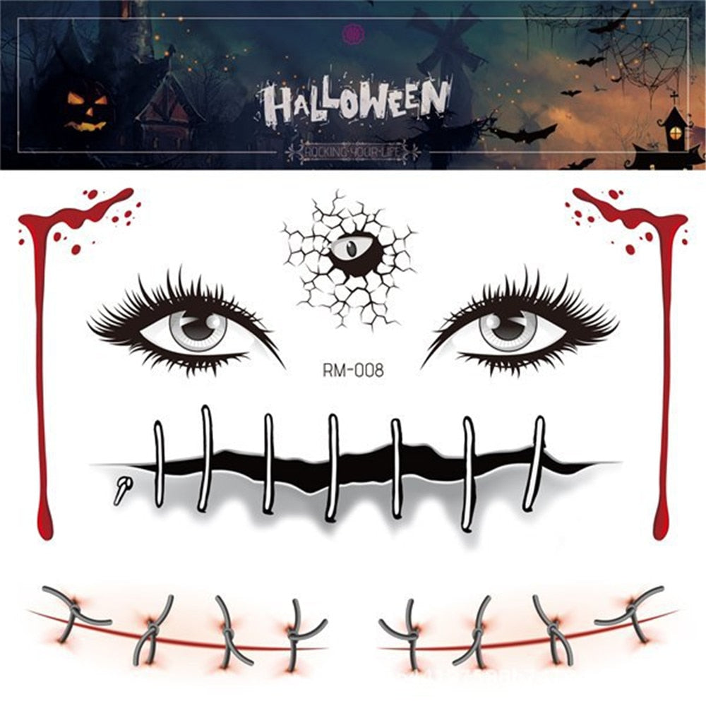 1set Halloween Tattoo Sticker for Face Fake Eyes Mouth Blood Scar 3D Spider Web Pattern Halloween Scary face sticker