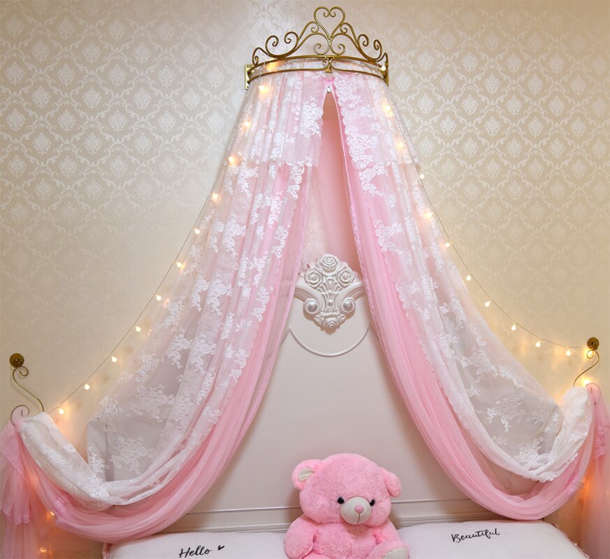 Bed Curtain Bed Curtain Princess Wind Mosquito Net 1.5m Gauze Curtain Gauze Net Crown Rack 1.8m Double Wedding White Pink Lace