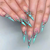 Tiffany Blue Retro Wintersweet Long Stiletto Nails Kit With Glue Chinese Design Flower French Fake False Plum Box Nail Tips 2022