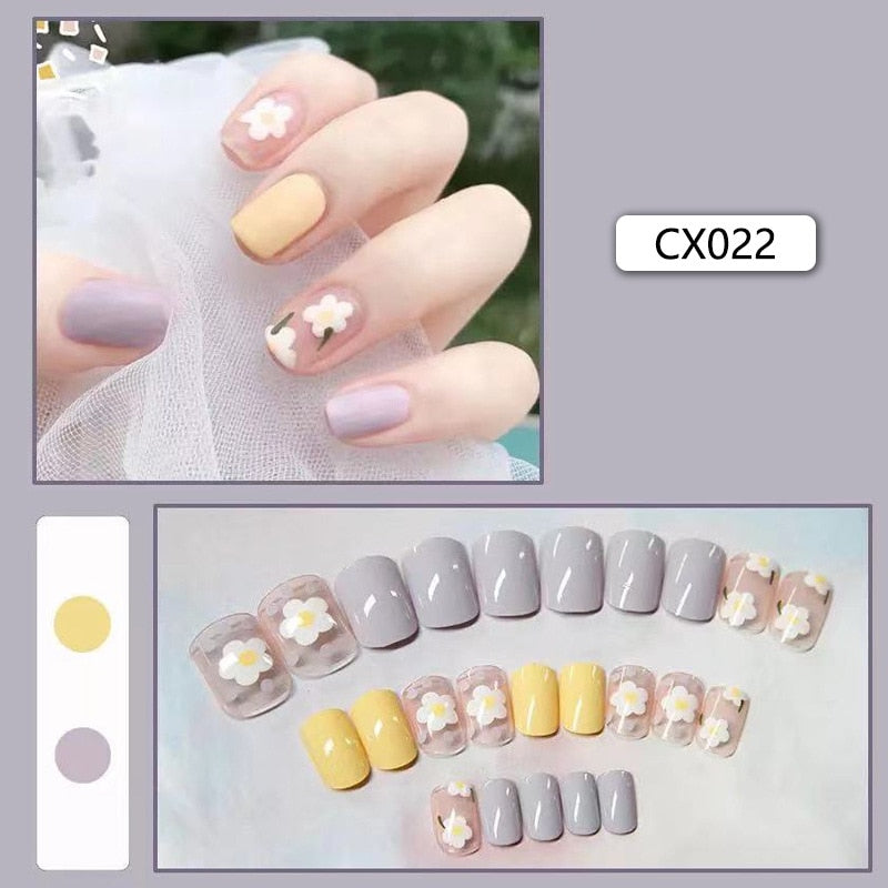 24pcs/box Fake Nails Press on Short Reusable with Designs Set French Artificial Pink kawaii False Tipsy Stick-on Nails Tips Art