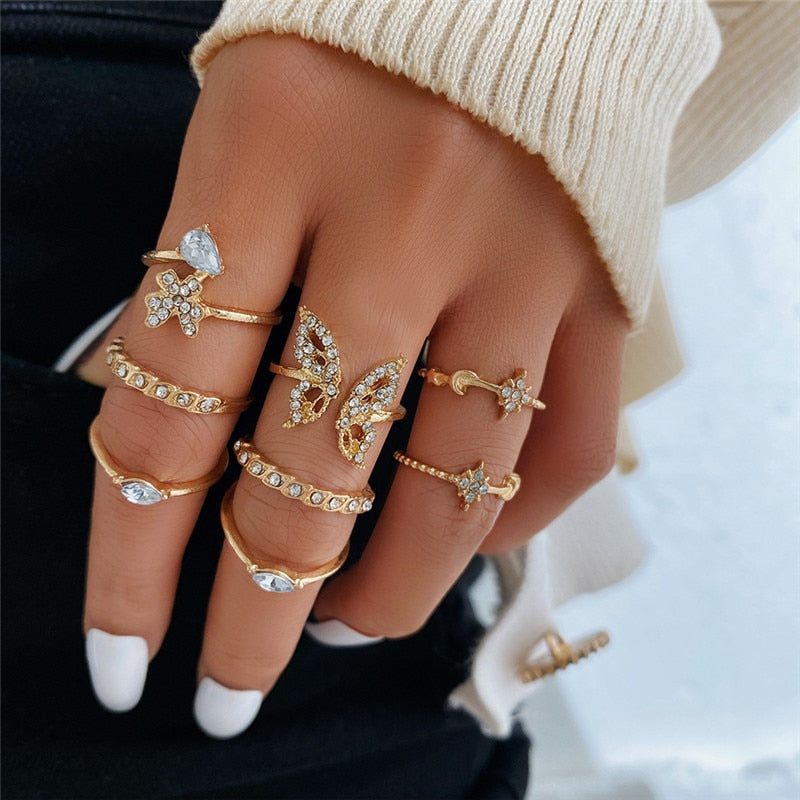 KOTiK Trendy Bohemian Midi Knuckle Ring Set For Women Gold Color Crystal Heart Flower Moon Geometric Finger Rings Jewelry Gifts