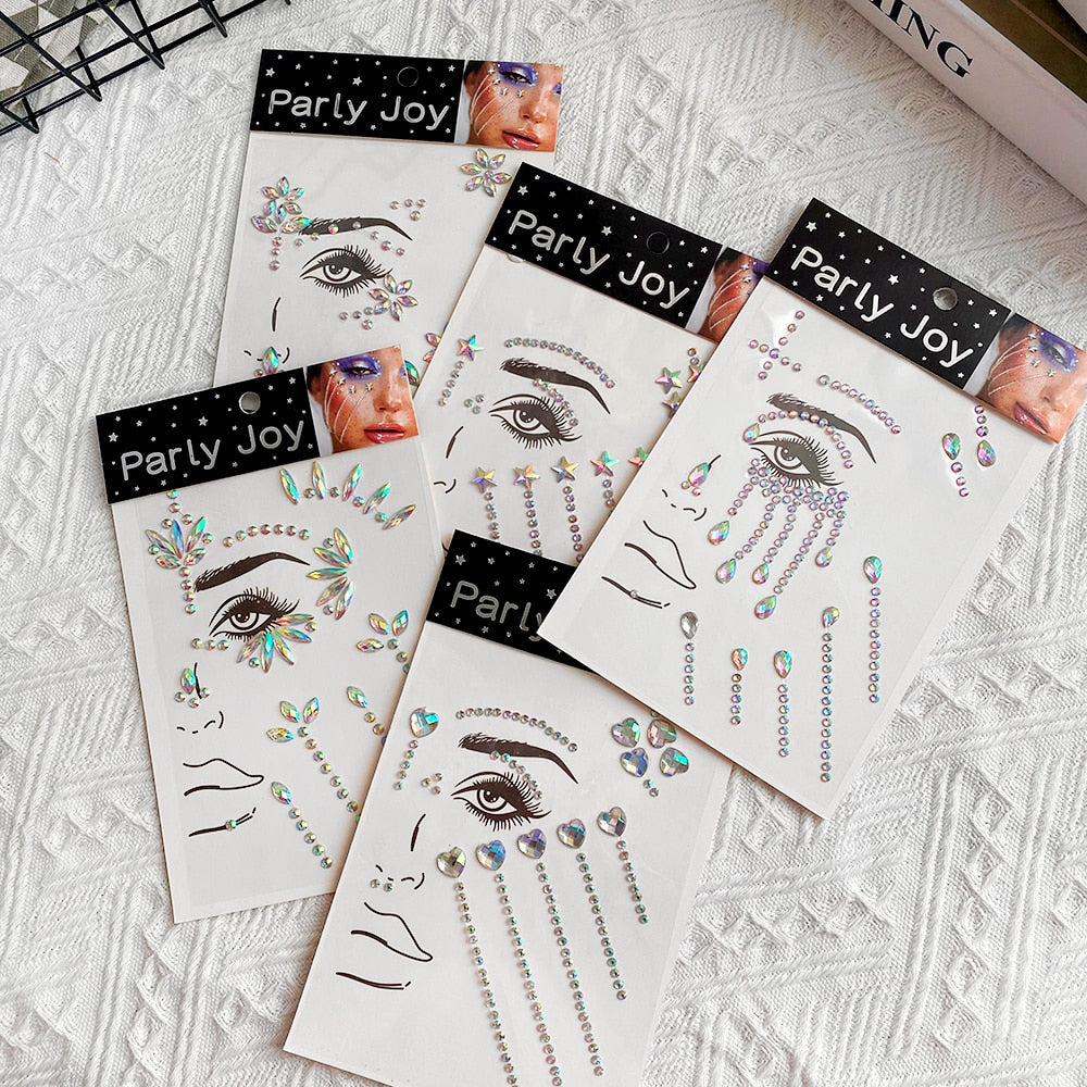 Oklulu 3D Waterproof Tattoo Stickers Face Jewelry Self Adhesive Color Crystal Diamond DIY Eyes Face Body Makeup Art Decorations 1PC