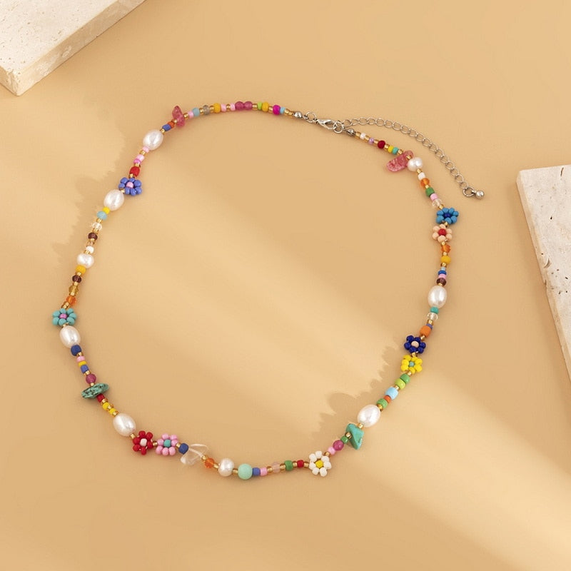 Trend Bohemian Colorful Small Beads Flower Chain Choker Necklace For Women Korean Fashion Imitation Pearl Clavicle Chain Jewelry