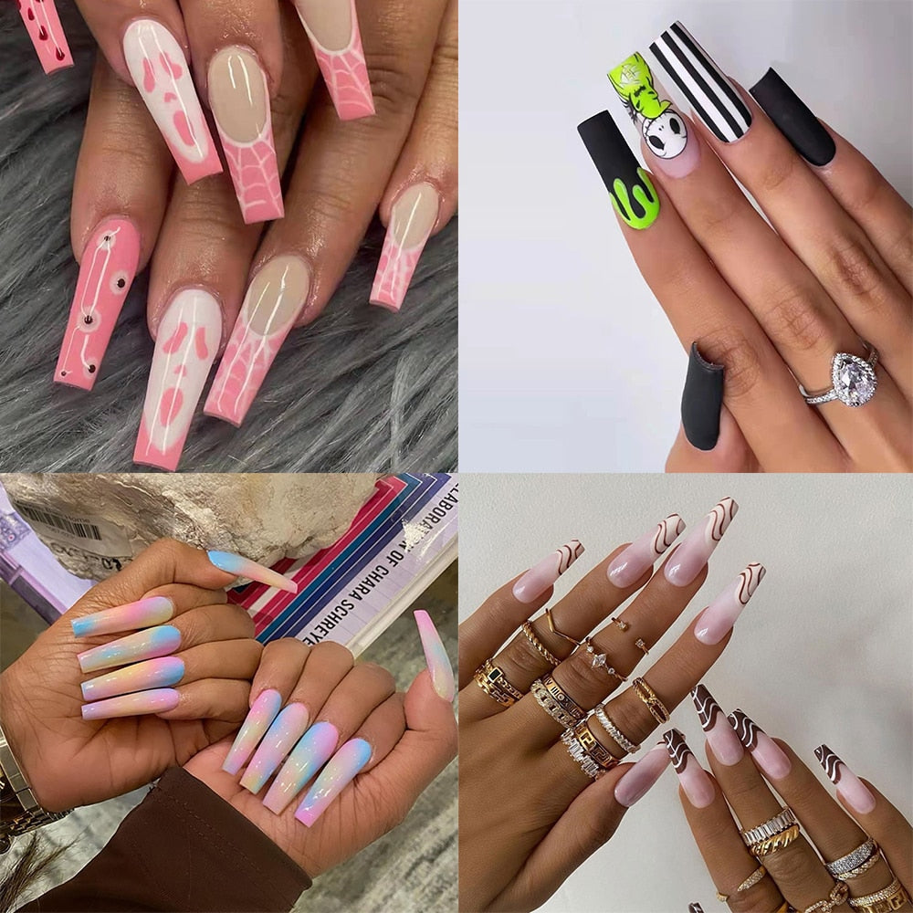 1Box-24PC Square Long Coffin Wearable Nail Tip Butterfly,Graffiti,French Lines,Grimace Press On Nail DIY Art Tips With Glue Part