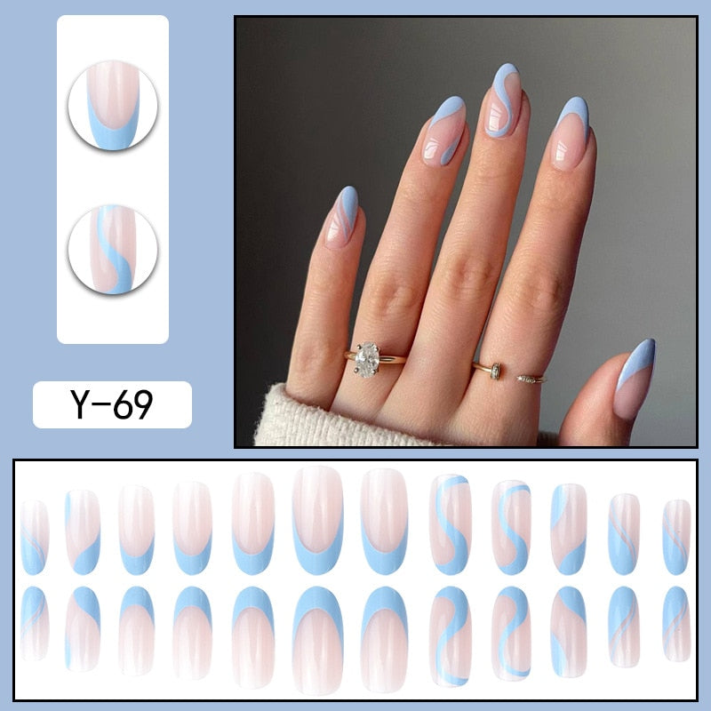24Pcs Long Round Head Press On Nail Art Seamless Removable Fake Nails With Glue Ballet Coffin Wearing Blue Reusable False Nails