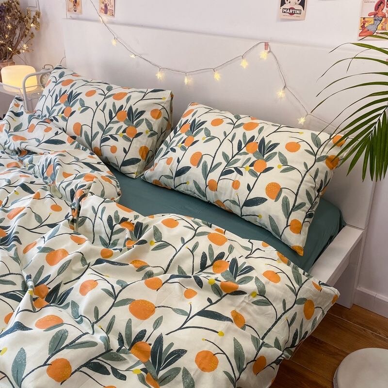 100%Cotton Bed Set IG Style  Four Set Series Bed Sheet Duvet Cover Bed Sheet Pillow Cover Morden Soft  Fruit Orange Printing