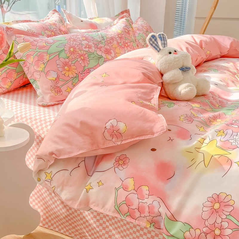 New Cartoon Foral Print Polyester Bedding Set Full Size Soft Thicken Duvet Cover Set with Flat Sheet Quilt Cover and Pillowcase