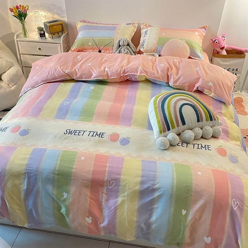 Ins Korean Rainbow Stripe Bedding Set Colorful Quilt Set 4Piece For Pink Girl Heart Simple Bed Sheet Duvet Cover Decor Home