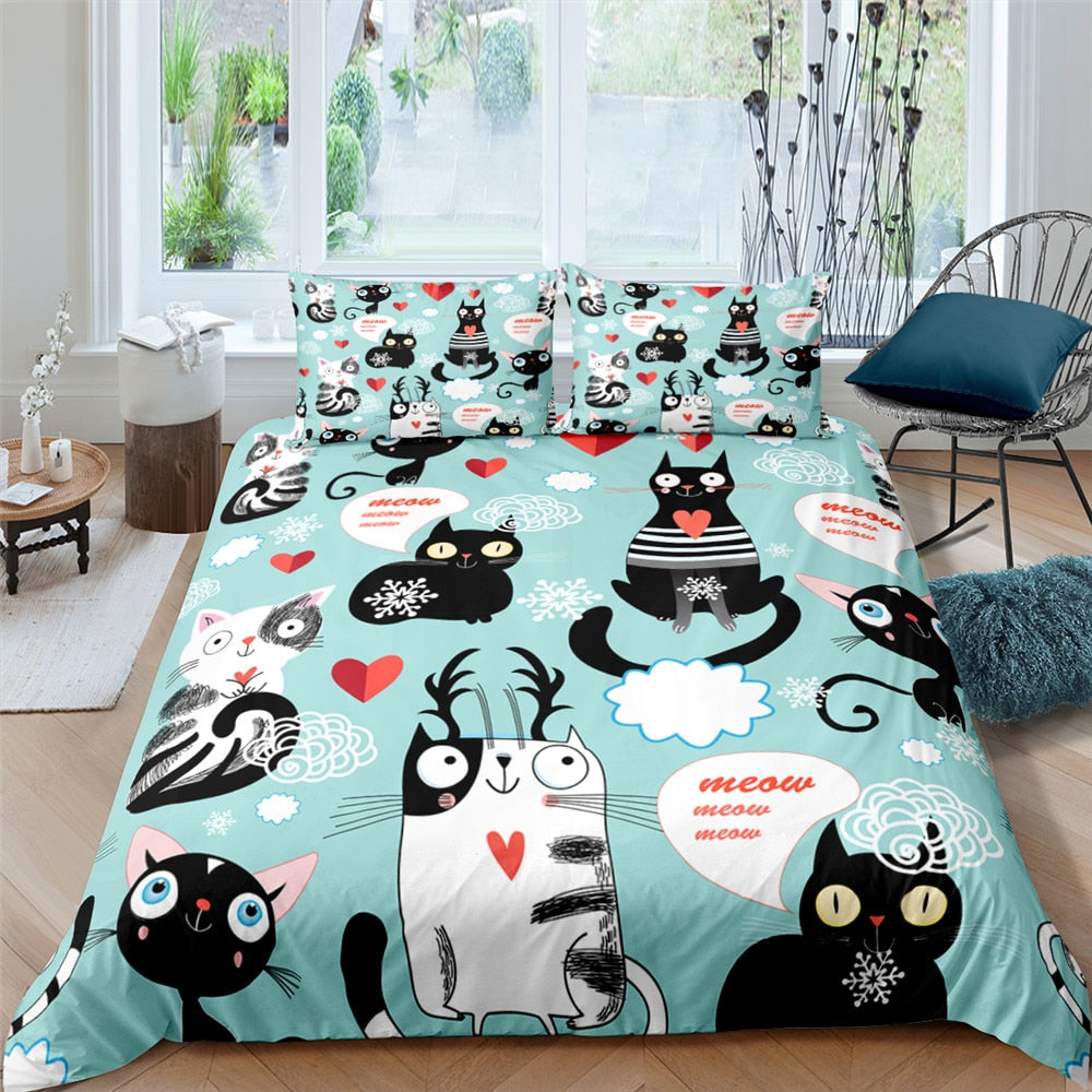 Home Textile Cartoons Cute Cat Quilt Cover Polyester Duvet Cover Pillow Case Boy Girl 2/3Pcs Bedding Set King Queen Twin Size