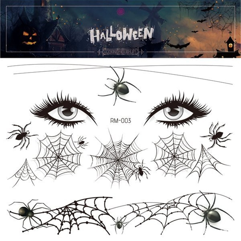 1set Halloween Tattoo Sticker for Face Fake Eyes Mouth Blood Scar 3D Spider Web Pattern Halloween Scary face sticker