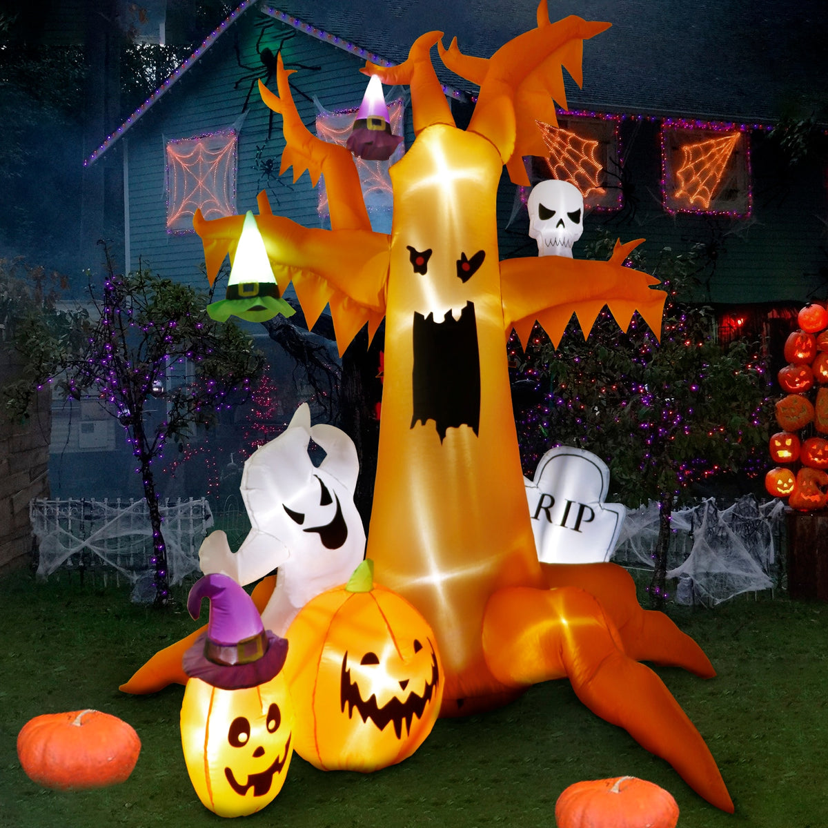 Ourwarm 8ft Halloween Inflatable Decorations Outdoor Garden Scary Tree With Ghost Pumpkin Skeleton Tombstone Blow Up Inflatables