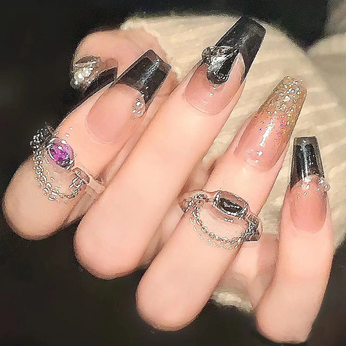 （Handmade Manicures)10 PCS Classic Black French Flash Diamond Advanced Handmade Custom Gentle Versatile Show White Hot Girl