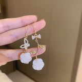 Korean Asymmetric White Rose Flower Butterfly Bowknot Earrings For Women Fashion Heart Cloud Tassel Drop Earring Wedding Jewelry