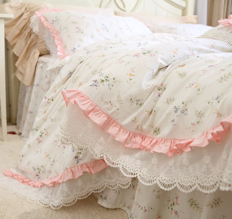 Bedding set cotton Romantic Linens Ruffle lace bedding set rose print duvet cover set princess cotton queen bedding set sheet