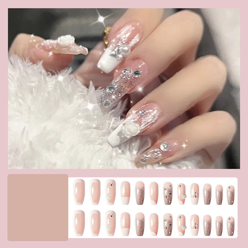 24Pcs Butterfly Print Fake Nails with Glue Long Coffin Nail Art Tips Artifical False Nails with Rhinestones Press on Nails