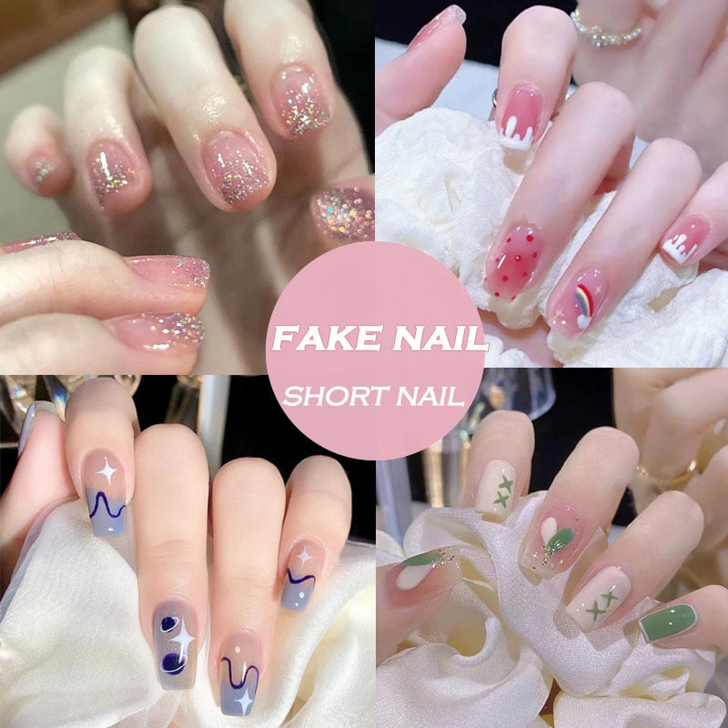 24Pcs/Set Short False Press on Nail Tip with Glue Designs Detachable Reusable Fake Nails with Glue Stick-on Nail Art DIY Tips