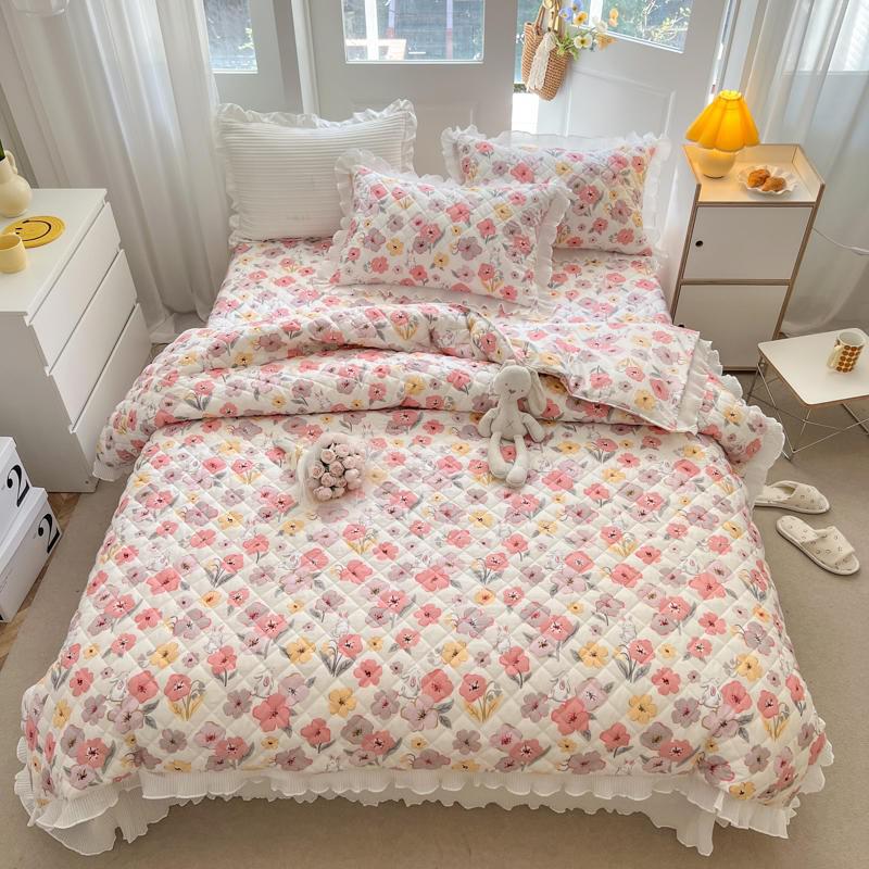 100%Cotton Premium Quality Soft Duvet Cover Bedspread Coverlet Pillow shams Diamond Quilted Floral Ruffled Comforter Cover set