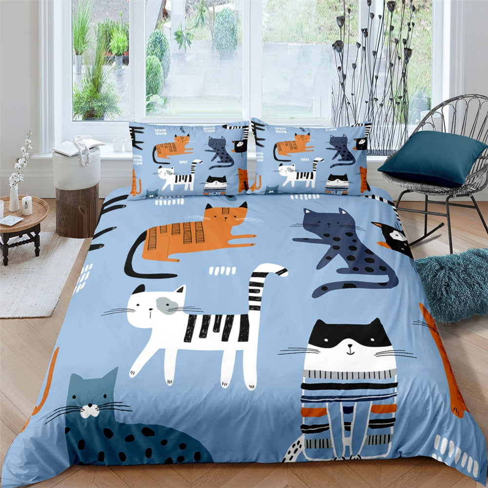 Home Textile Cartoons Cute Cat Quilt Cover Polyester Duvet Cover Pillow Case Boy Girl 2/3Pcs Bedding Set King Queen Twin Size