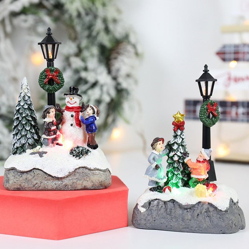 LED Christmas Village Ornaments Microlandscape Resin Figurines Decoration Santa Claus Pine Needles Snow View Holiday Gift