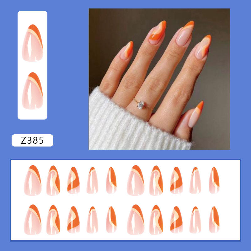 Simple French Wearable False Nails Almond Colorful Stripes Colorblock Design Manicure Fake Nails Line Full Cover Press On Nail