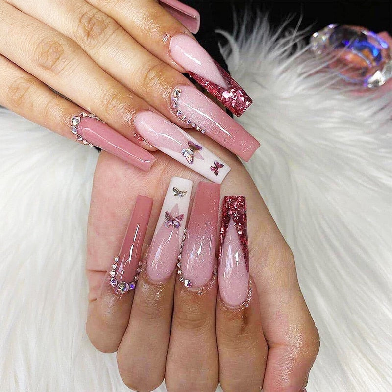 24pcs Long Coffin Acrylic Fake Nails Wearable Ballerina Rhinestone Butterfly Glitter Full Cover Nail Tips Set Press On Nails New