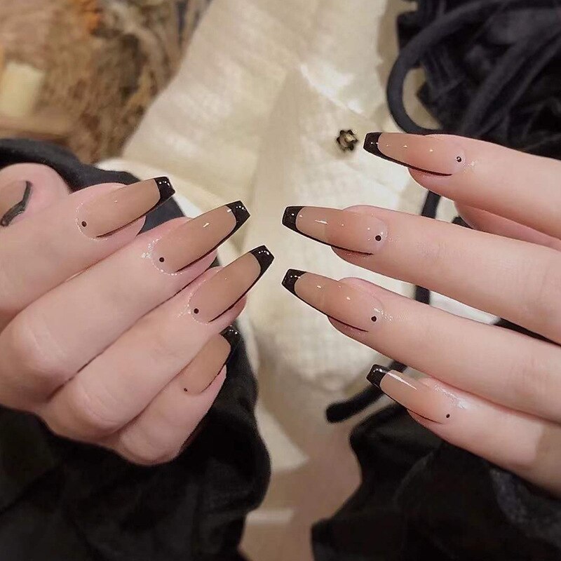 24pcs/Set Rose Coffin Fake Nails Black Piece Wearable Press On Nail Tips Artificial Full Cover Ballerina False Manicure Art