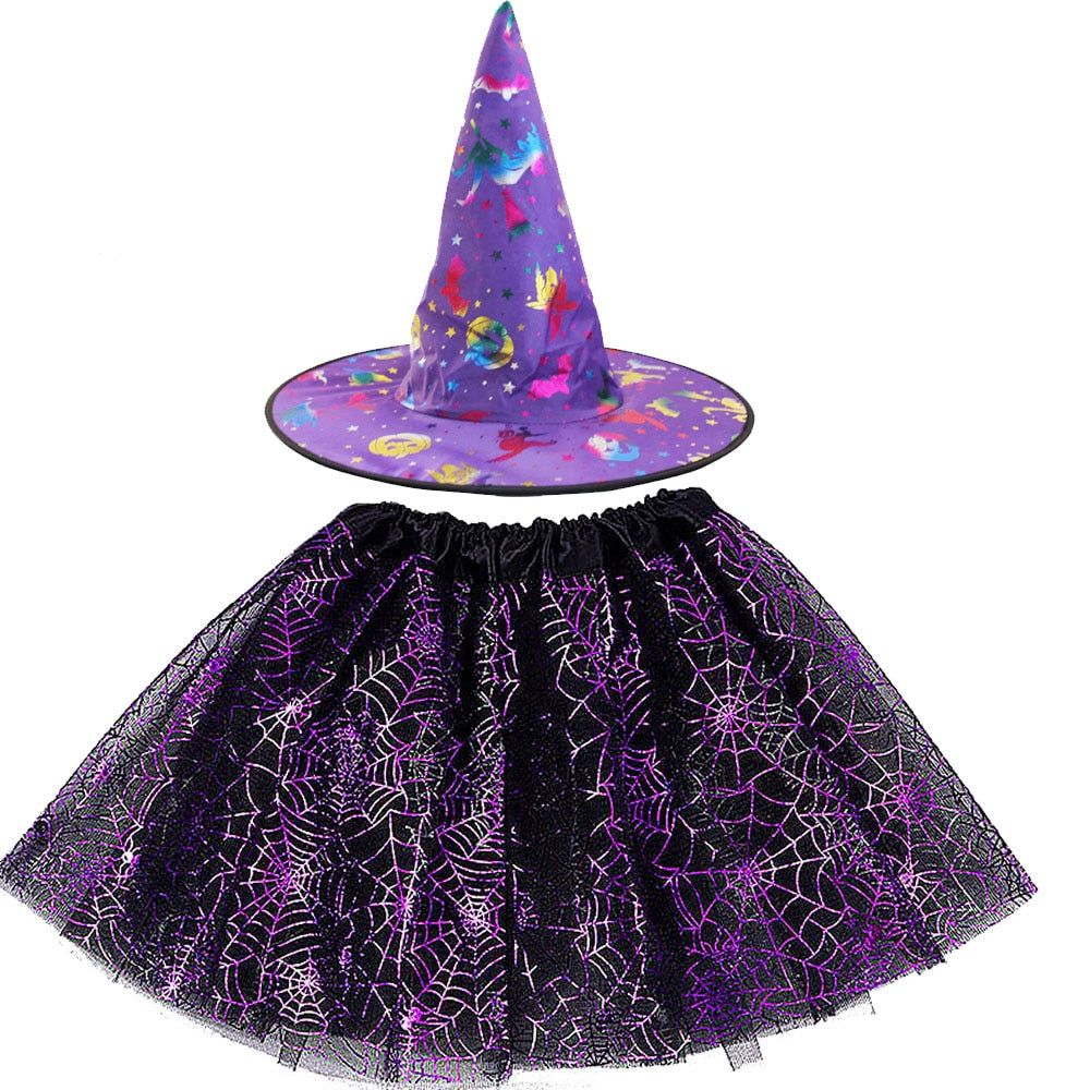 Halloween Costume for Kids Girls Spider Web Tutu Cobweb Skirt Witch Wizard Hat Tulle Carnival Birthday Party Outfits Festival